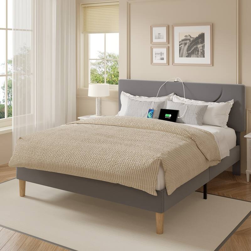 Javlergo Bed Frame with Smart LED Lights, Velvet Bed Frames with USB Charging Station, Modern Platform Bed - Grey - Full