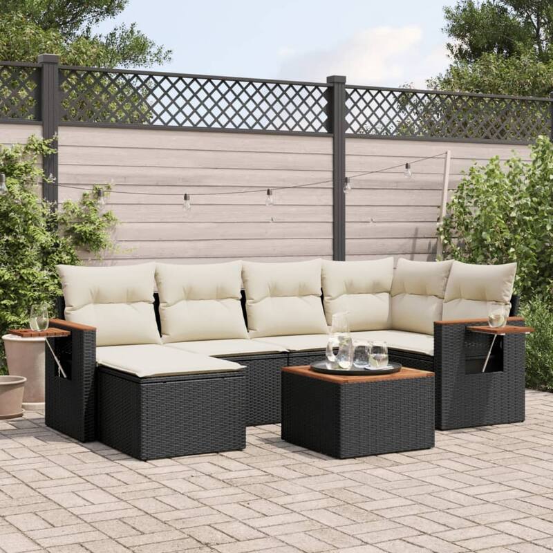 vidaXL Patio Sofa Set with Cushions Outdoor Conversation Furniture Poly Rattan - Black and cream with table - 21.7 x 21.7 x 14.6 in