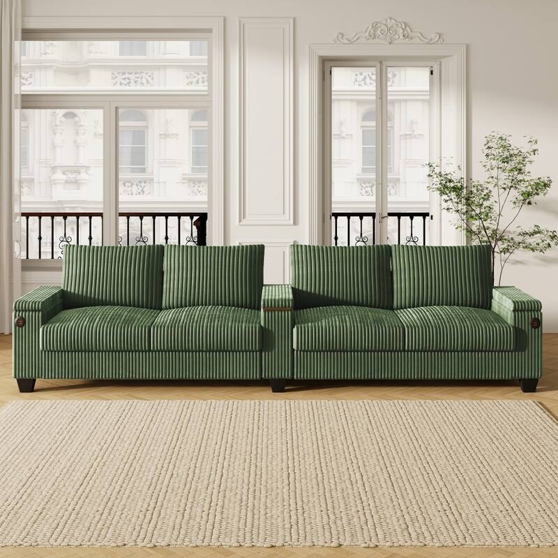 133" Modern 4-seater Corduroy Sofa Couch with USB Ports and Flip-top Cup Holders - Green