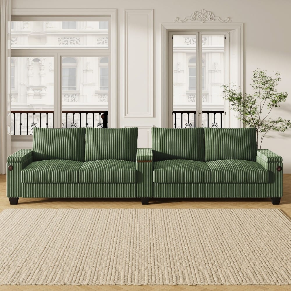 133" Modern 4-seater Corduroy Sofa Couch with USB Ports and Flip-top Cup Holders