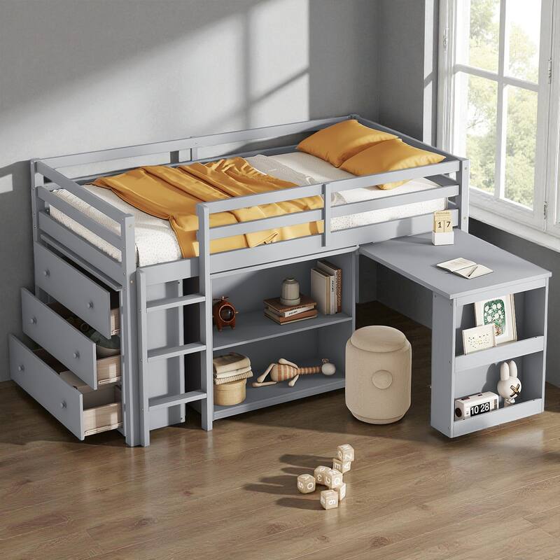Twin Size Rubber Wood Loft Bed with Pull-Out Desk, Drawer Cabinet, and Shelf Storage, Safety Guardrails and Ladder