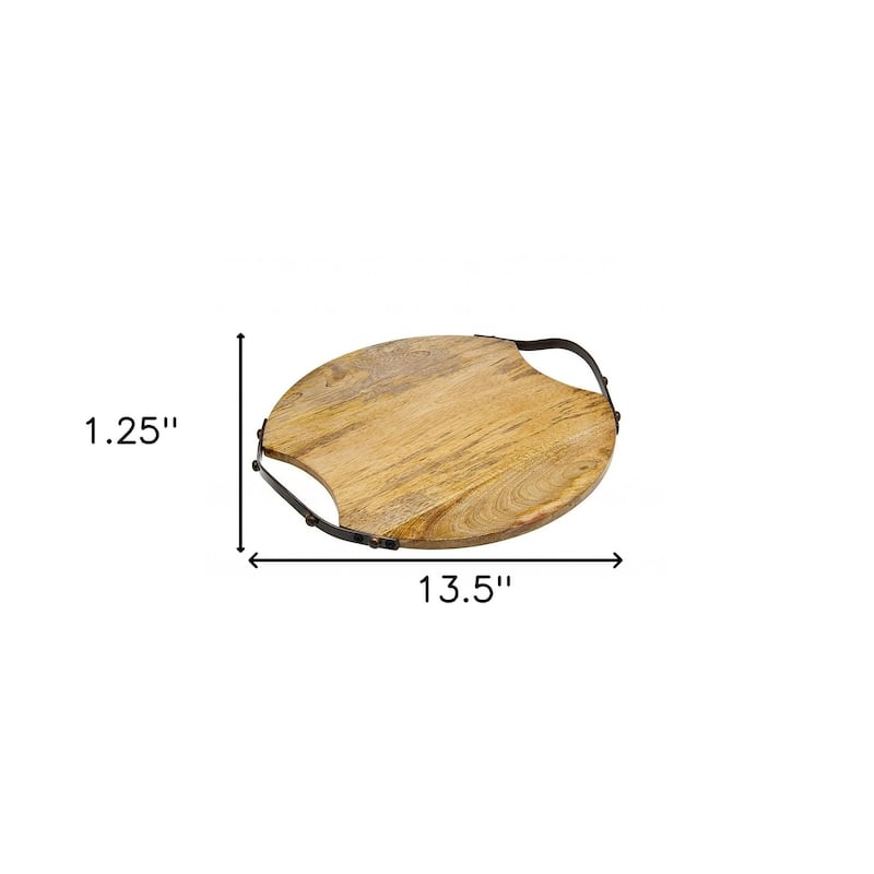 HomeRoots 13" Natural Brown Round Wood and Metal Tray