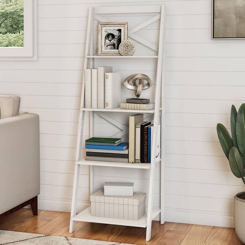 Lavish Home 4-Tier Leaning Ladder Bookshelf - White