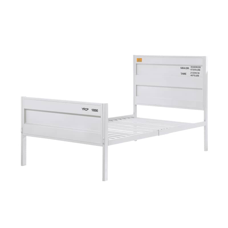 White Cargo Style Full Bed with Metal Frame and Recessed Panels
