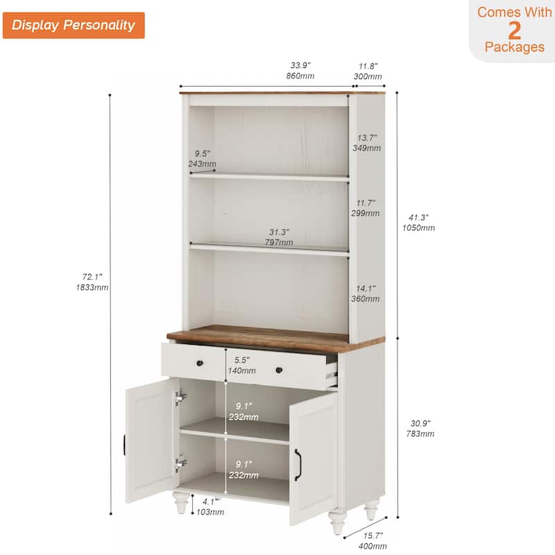 White Bookcase with Doors, Large Wood Farmhouse Book Case Shelf