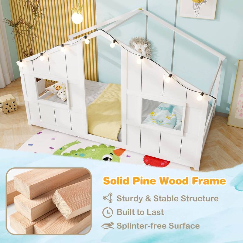 Costway Twin Size House Floor Bed with LED Lights Solid Wood Bed Frame