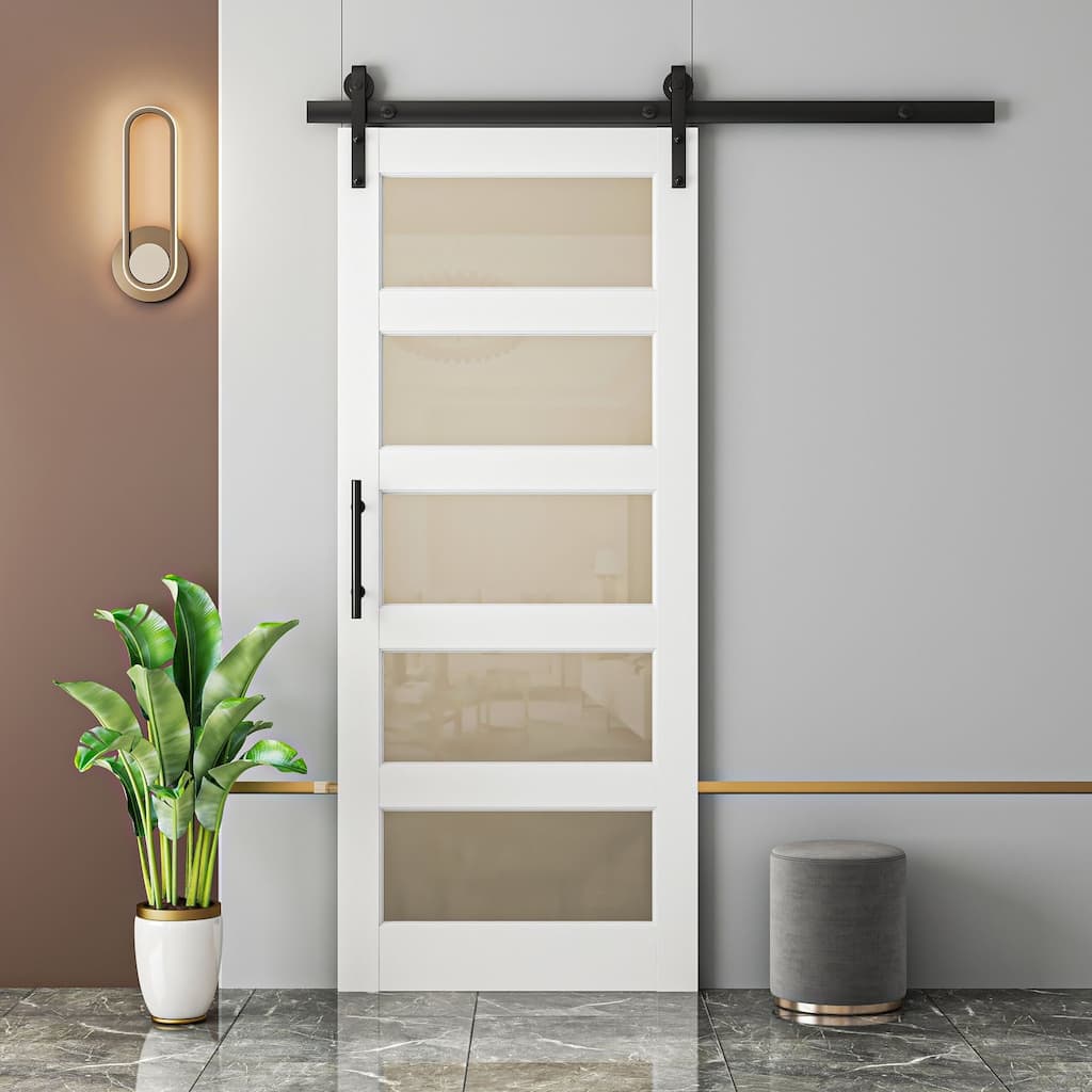 84''H 5 Lite Tempered Frosted Glass Interior Sliding Barn Door With Hardware Kit