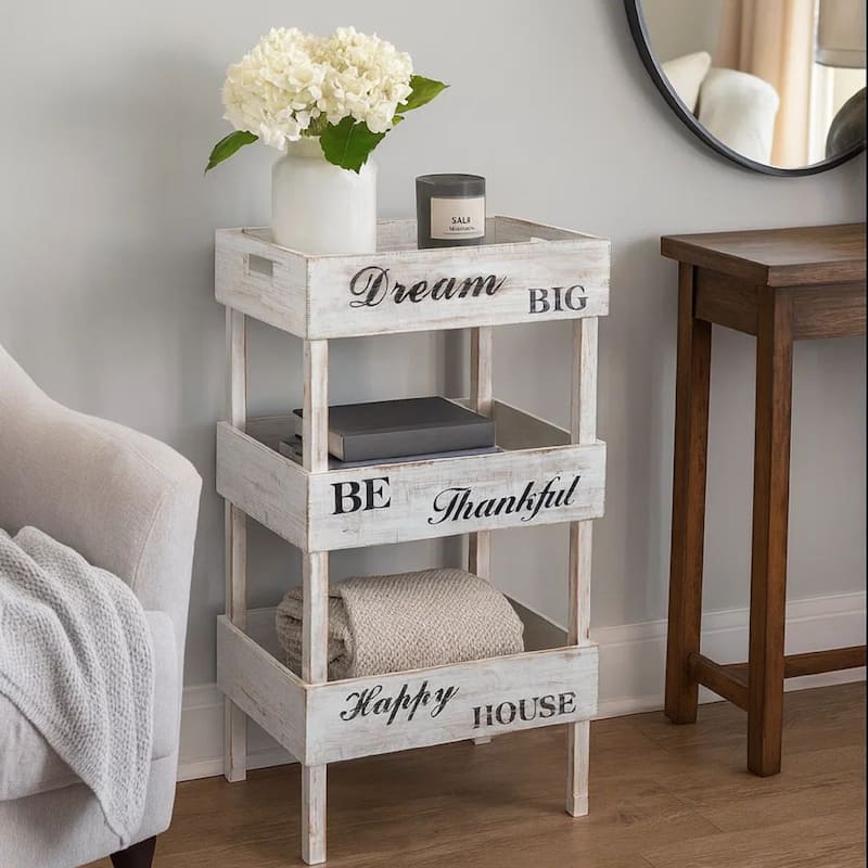 Wooden Storage Shelf with 3 Open Cases and Cut Out Handle, Antique White