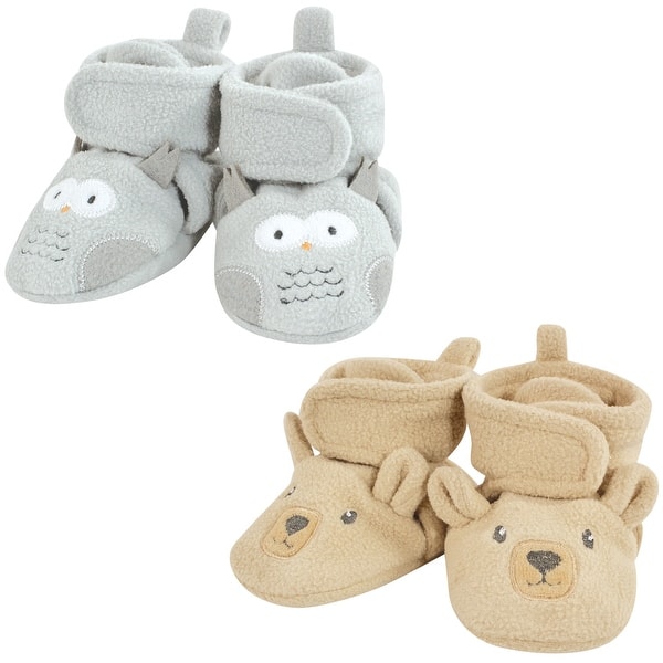slide 1 of 1, Hudson Baby Unisex Baby Animal Fleece Booties 2-Pack, Gray Owl Bear 0-6 Months - Gray Owl Bear