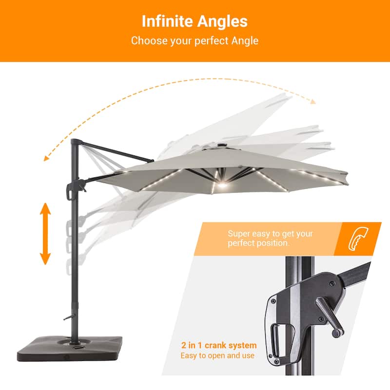 BONOSUKI 11ft LED Aluminum Patio Cantilever Offset Umbrella with Base