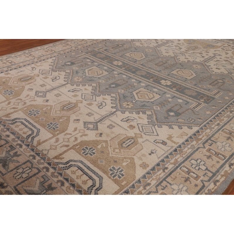 Geometric Khotan Indian Area Rug Hand-Knotted Beige Wool Carpet - 8'10" x 11'10"