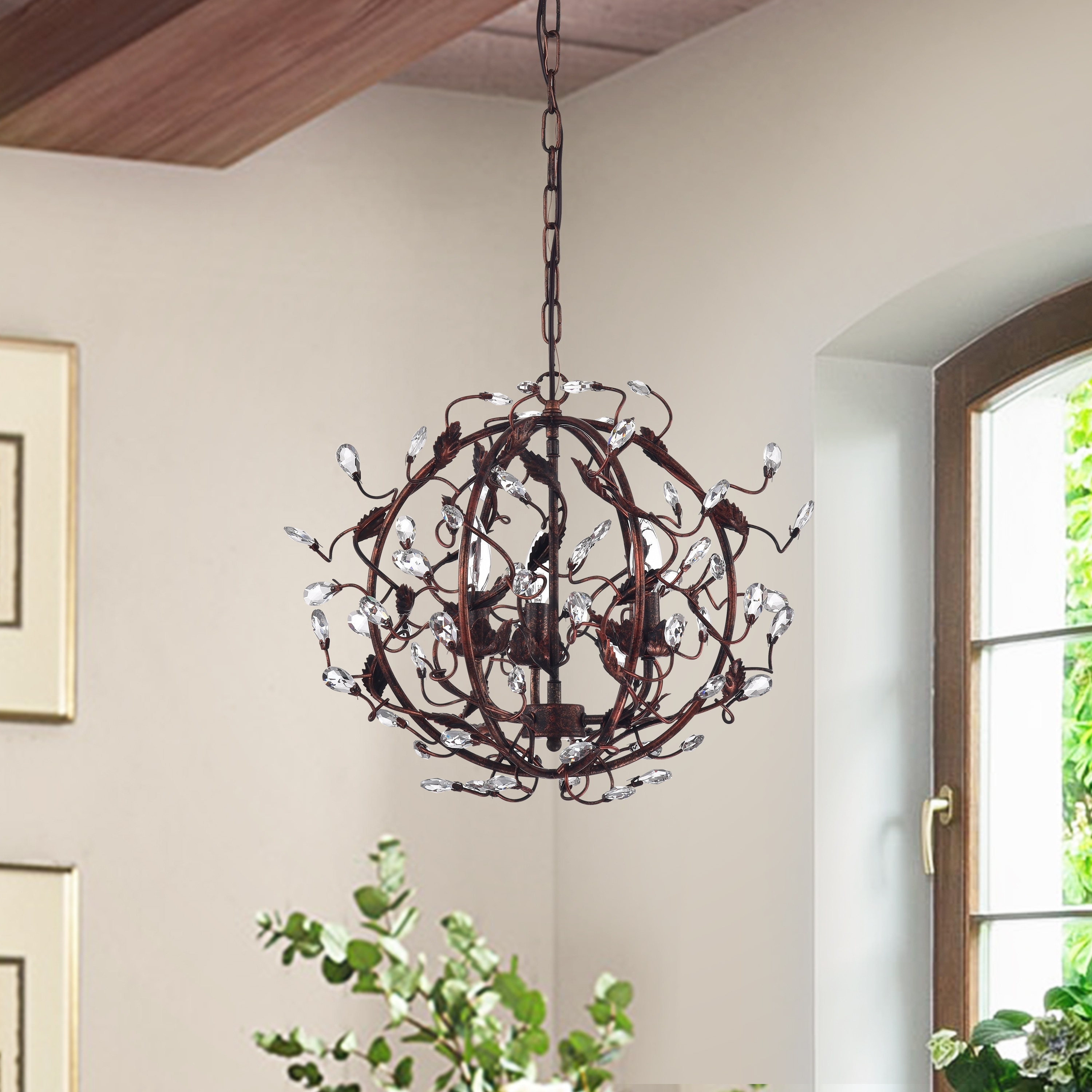 Antique Copper 3 Light Globe Chandelier with Vines and Crystals