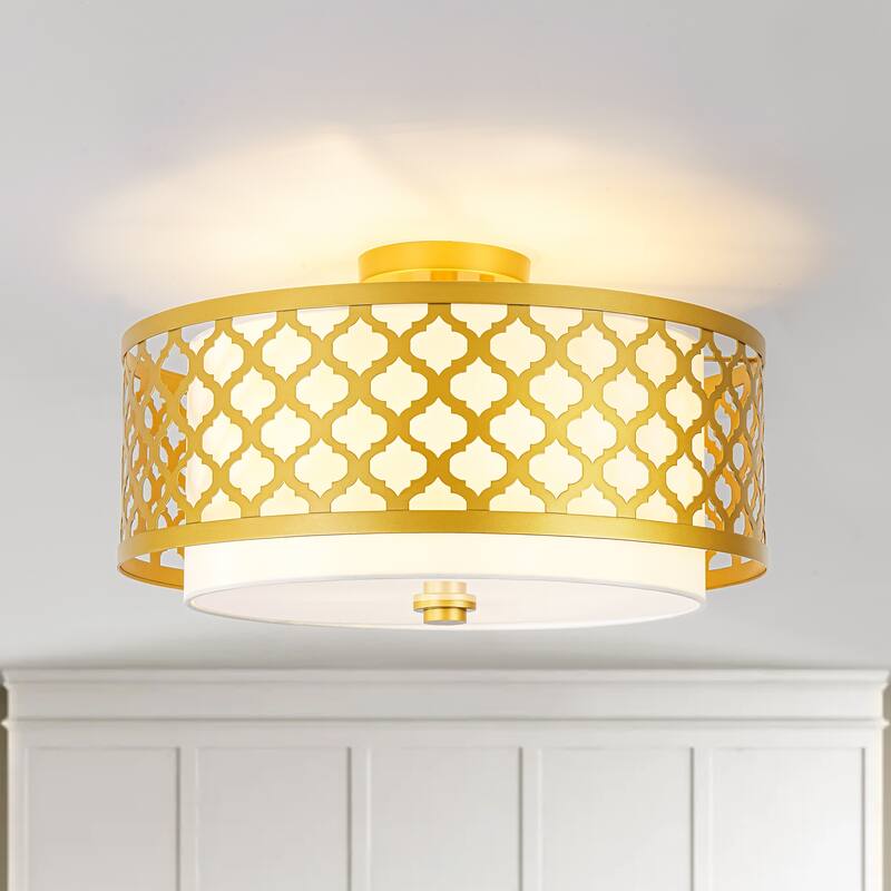17.7" 3-light Modern Gold Drum Semi-Flush Mount Ceiling Light with Fabric Shade - 17.7 in. W x 9.7 in. H - 17.7 in. W x 9.7 in. H - Gold
