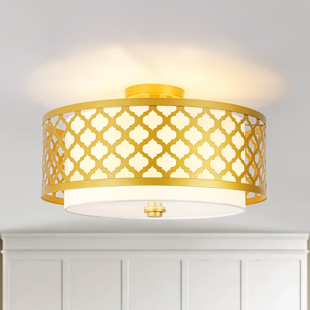 17.7" 3-light Modern Gold Drum Semi-Flush Mount Ceiling Light with Fabric Shade - 17.7 in. W x 9.7 in. H