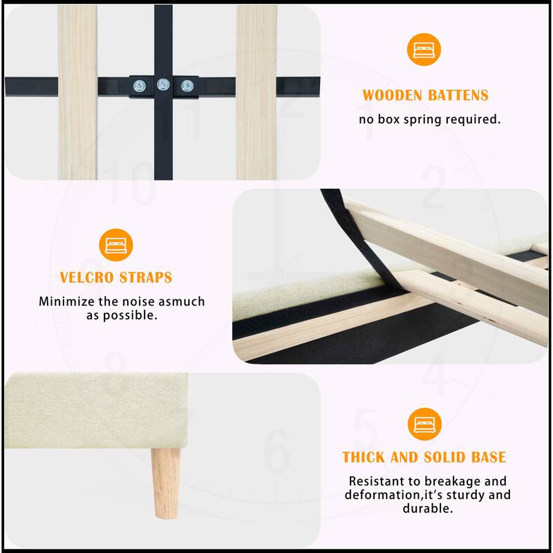 Linen Fabric Padded Platform Bed with Adjustable Headboard