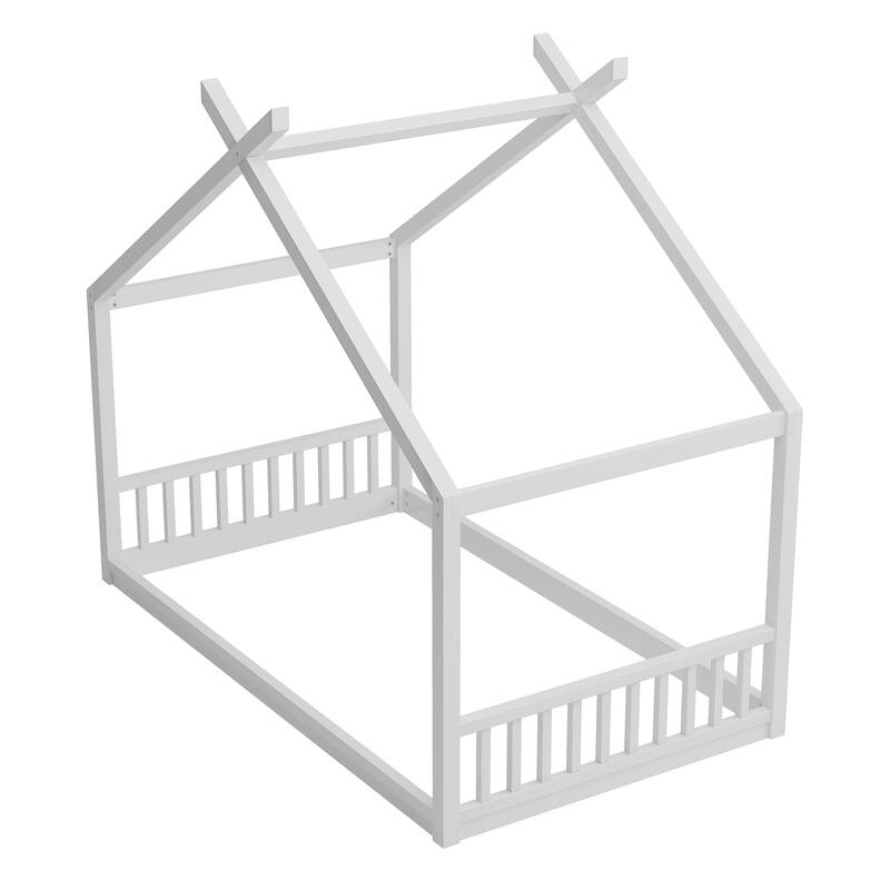 Montessori Style Wooden Floor Bed with Roof, Low Frame and Guardrails, Cozy Playhouse Look