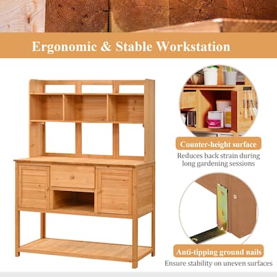 Outdoor Wood Potting Bench with Cabinets and Hutch, Garden Workstation Table with Adjustable Shelves and Hooks