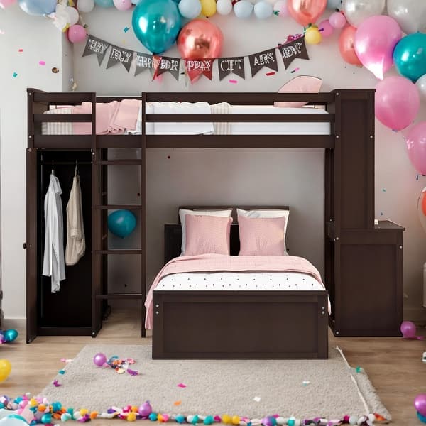 slide 2 of 56, Modern Twin size Loft Bed With Twin Size Stand-alone Bed,Shelves,Desk And Wardrobe,Versatile Use Espresso