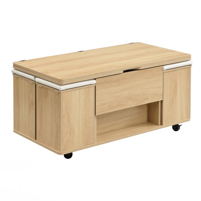 Lift-Top Coffee Table with Hidden Storage and Stools,Multi-Function Modern Center Table with 4 Stools and Casters