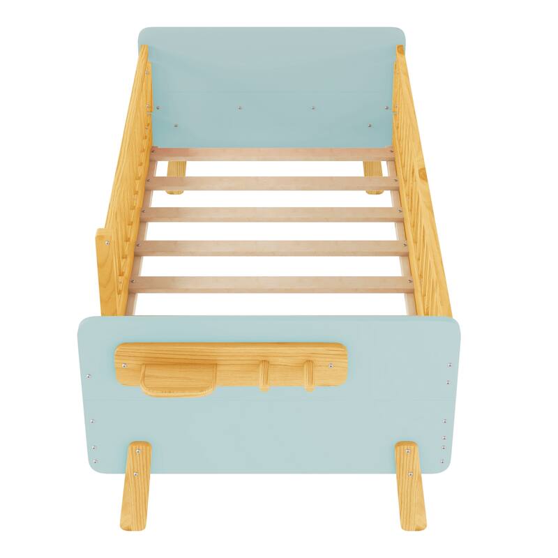 Kids Wood Platform Bed with Guardrails, Bottle Holder and 2 Hanging Rod, Convertible Toddler Daybed, Low Profile Design Frame