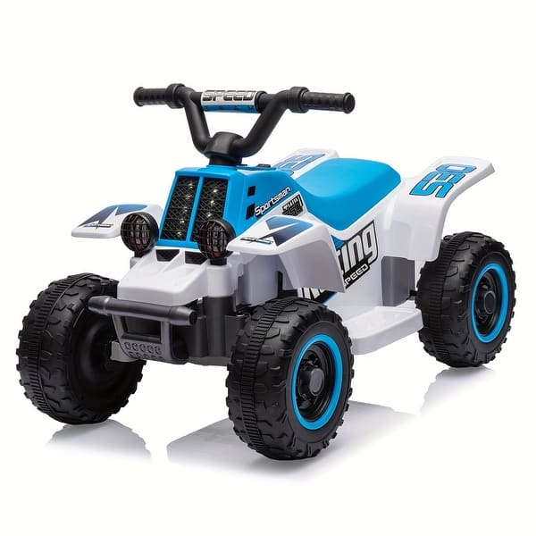 slide 2 of 5, 6V Ride-On ATV with LED Headlight, Music, Treaded Tires, Rubber Grips, Push Button Accelerator, Forward and Reverse Blue and white