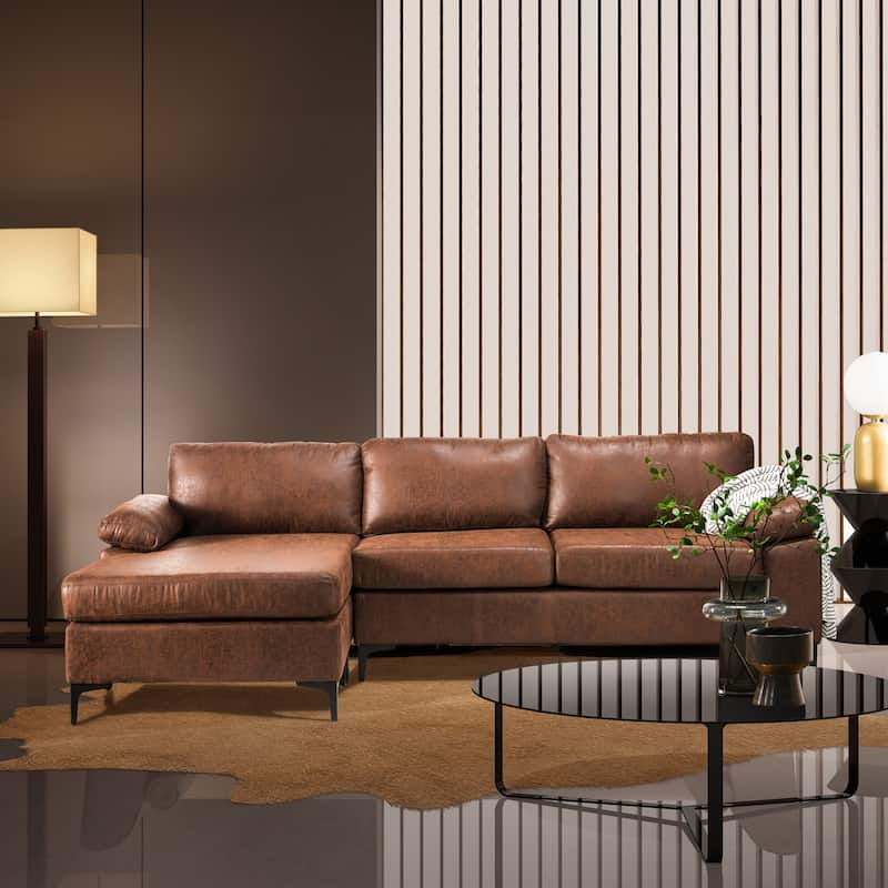 OVIOS Reversible Chaise Sofa With Fluffy Cushions Metal Legs - Brown