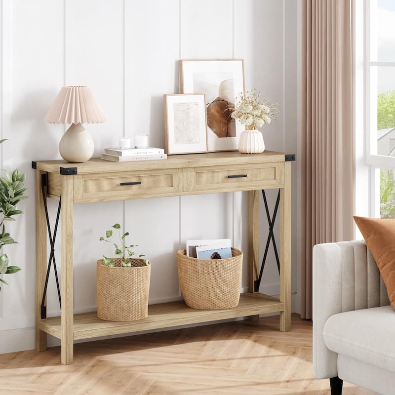 Farmhouse Sofa Table - Console Table with Rattan Drawers - Natural