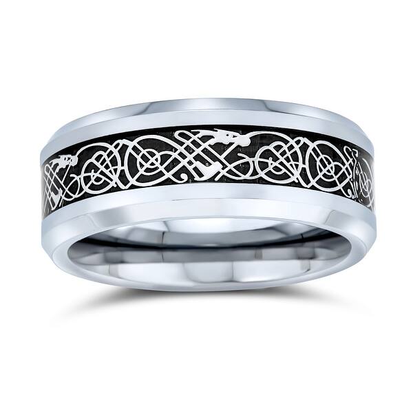 Titansten Stainless Steel Wedding Ring Blue Carbon Fiber Silver Celtic Dragon Inlay & 3 Blue CZs 