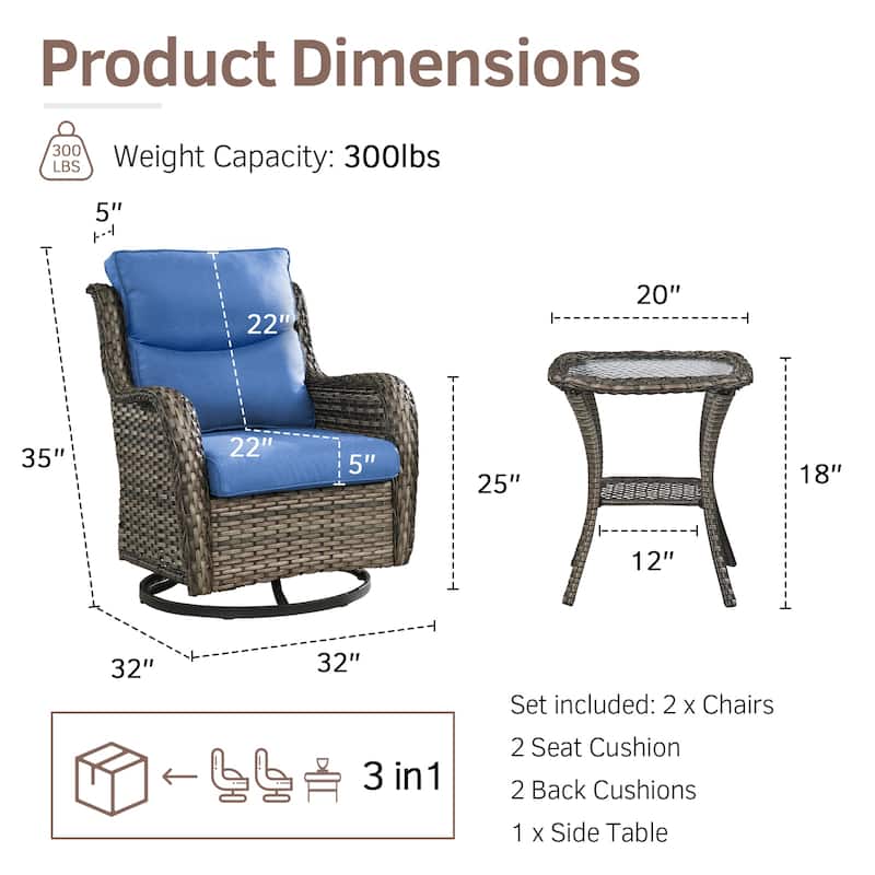 Patio Swivel Glider Chairs with Tempered Glass Side Table - Grey