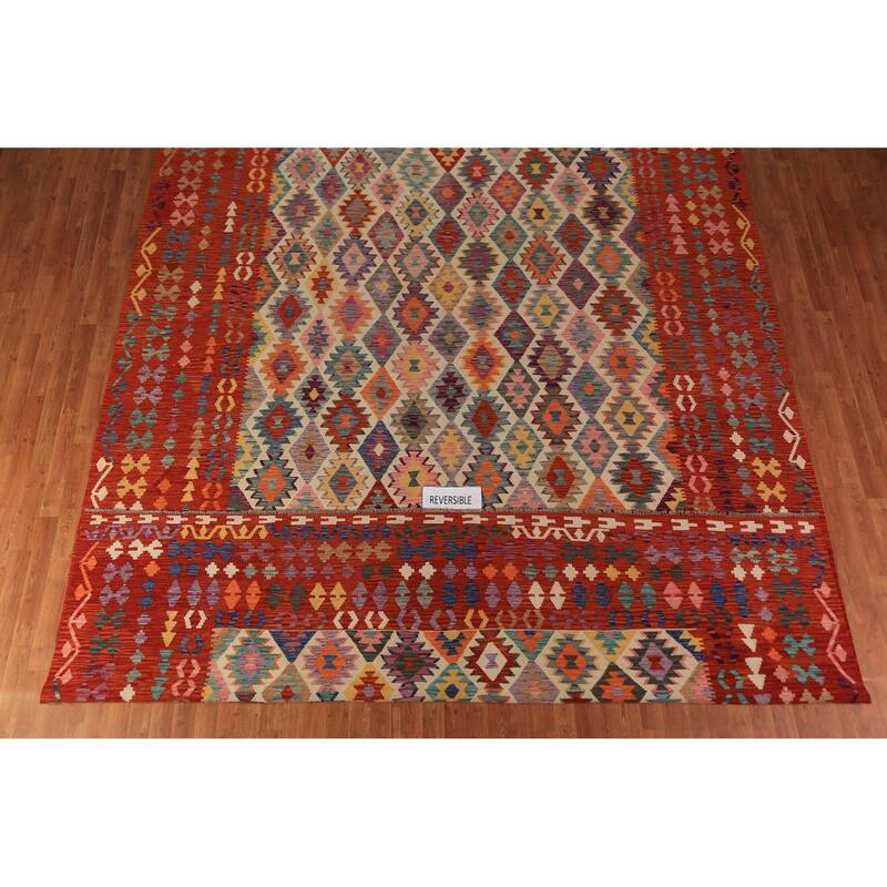All-Over Geometric Kilim Oriental Large Rug Hand-Woven Wool Carpet - 10'5"x 16'2"