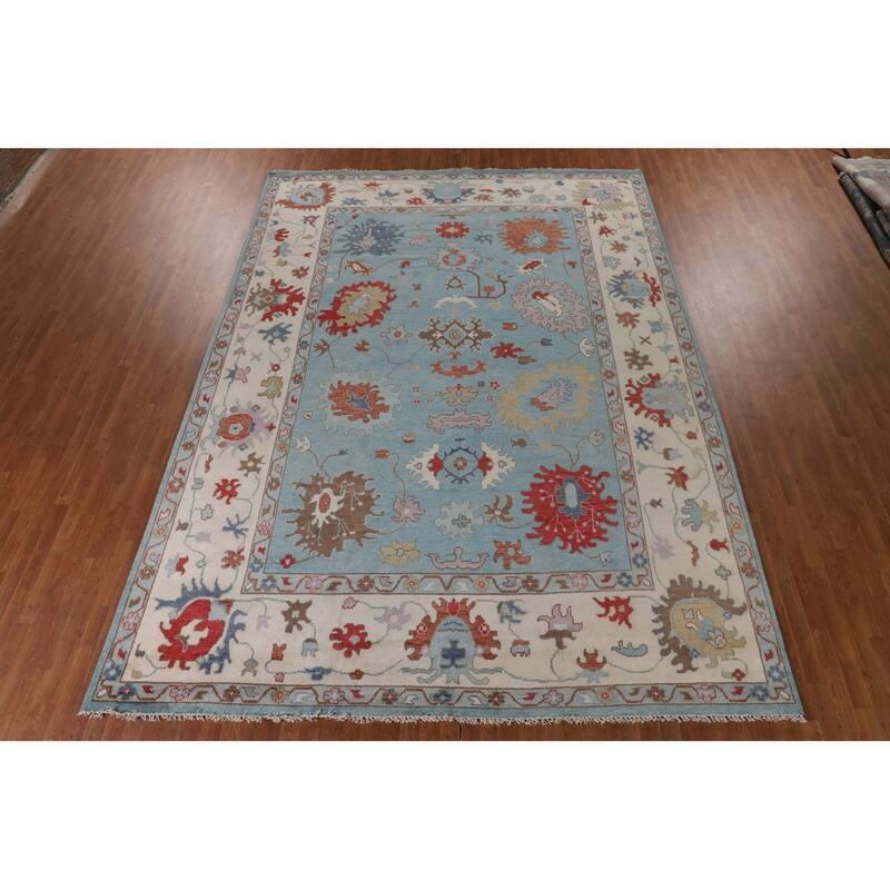 Light Blue Floral Oushak Oriental Large Rug Hand-Knotted Wool Carpet - 10'1" x 13'9"