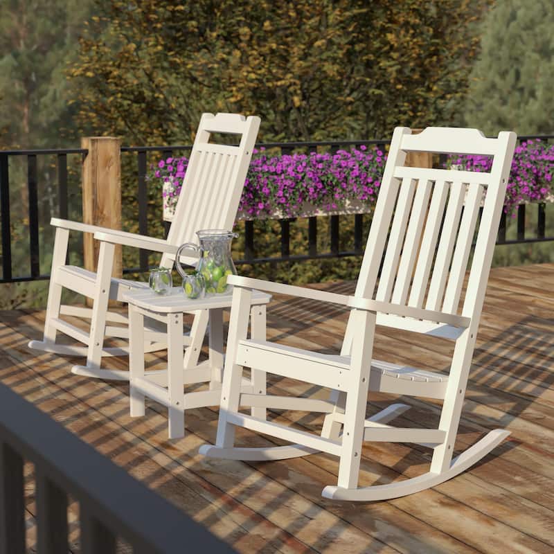 Set of 2 Indoor/Outdoor Poly Resin Rocking Chairs with Side Table - 25.625"W x 35"D x 42"H - White