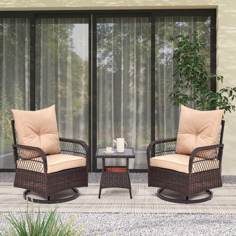 3-Piece Outdoor Rocking/Swivel Chair Set - PE Rattan Patio Furniture with Cushions & Coffee Table, Rocker Chairs for Backyard - PE Rattan & Swivel - Beige