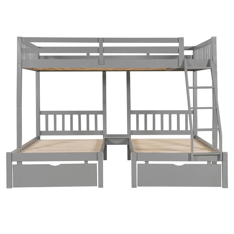 Detachable Triple Bunk Bed Convertible 3 Platform Beds, Wood Full Over Twin & Twin Bunk Bed Frame with Drawers and Guardrails