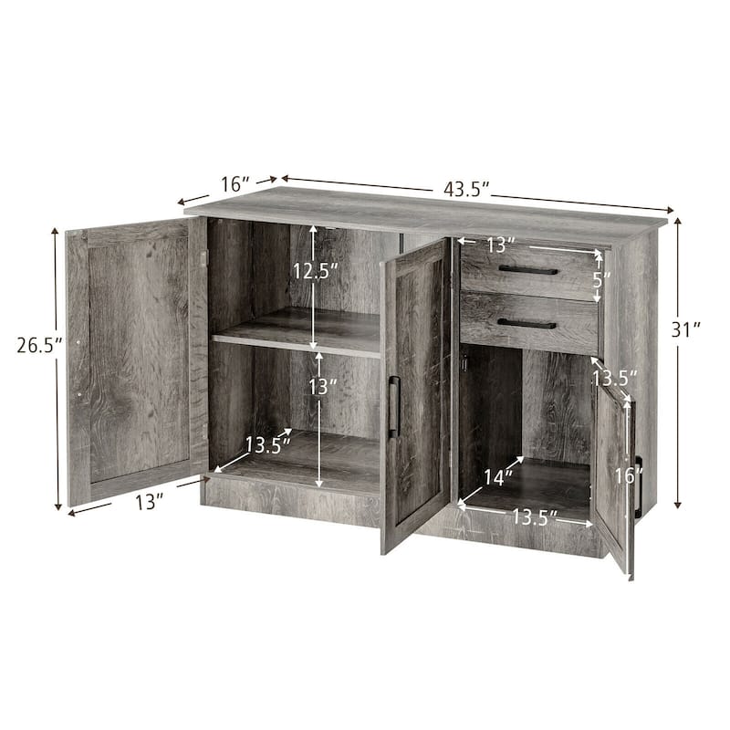 Grey Kitchen Buffet Cabinet with Drawers and Adjustable Shelves for Dining Room Storage - 43.5'' x 16'' x 31''(L x W x H)