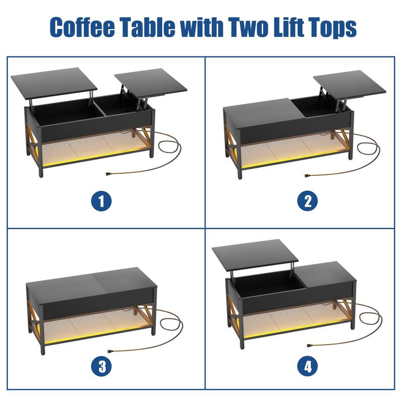 Modern Farmhouse Lift Top Coffee Table with USB Port and LED light, Living Room Accent Table
