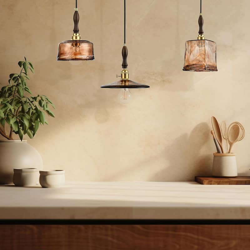 Rectangular pendant light golden amber hanging light glass metal fixture light