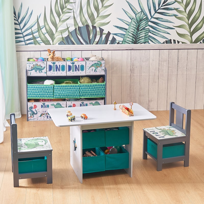 Kids Art Play Activity Table with Storage Shelf and Chair Set with Storage Baskets, Blue & Grey