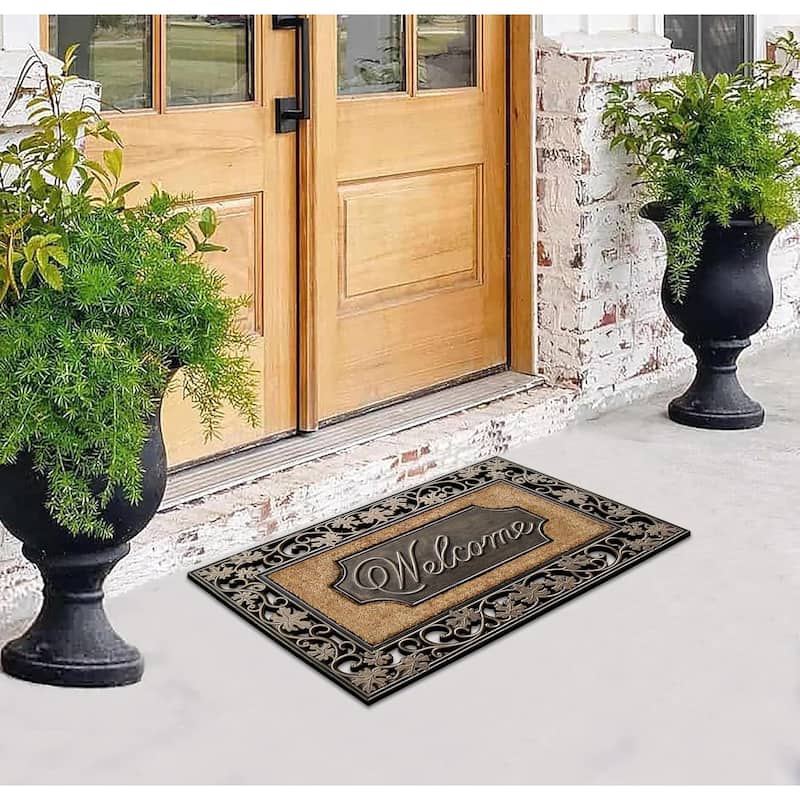 A1HC Rubber & Coir Dirt Trapper Heavy Weight Large Welcome Doormat 23"x38", Floral Border