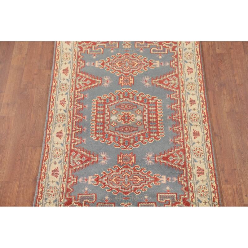 Gray Geometric Kazak Accent Rug Hand-Knotted Oriental Wool Carpet - 2'11"x 5'1"