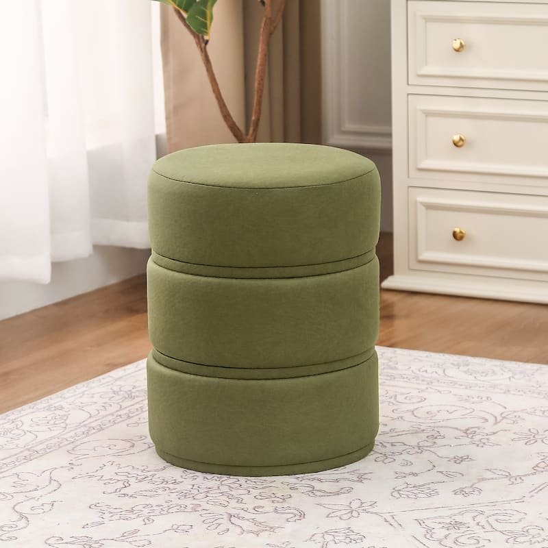 Adeco Round Ottoman 17.9" Height Footrest Vanity Stool - Green-Faux-Leather