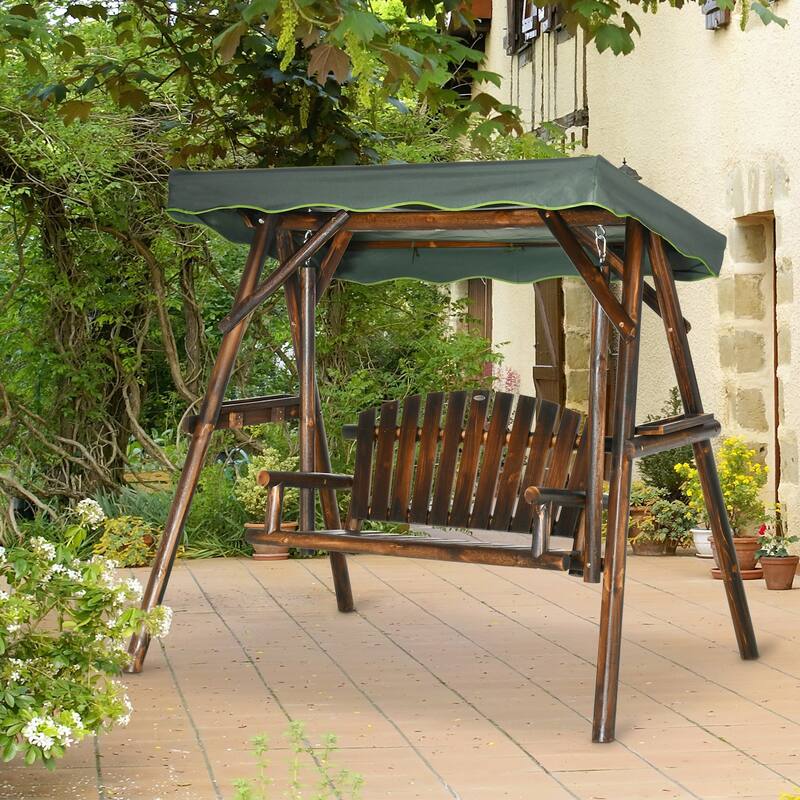 Outdoor Patio Swing Chair Wooden Bench With Canopy And Side Tray - 72.75" W x 54" D x 65.75" H - Carbonized