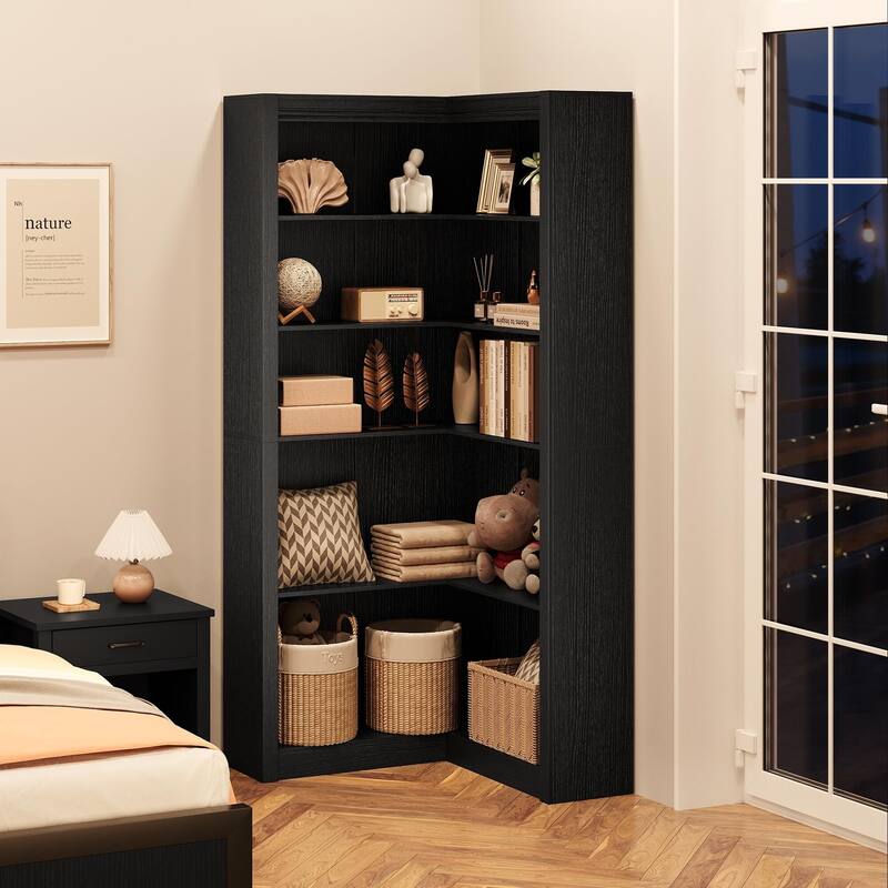 71.8" Tall Corner Bookshelf, 5-Tier L-Shaped Corner Bookcase, Modern Industrial Wood Display Storage Shelves for Living Room