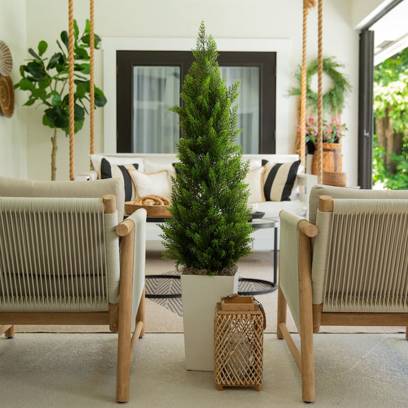 4-ft UV Resistant Artificial Cedar Tree in White Tower Planter