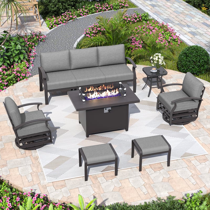 Aluminum Patio Furniture Set with Fire Pit, Ottomans & Rocking-Swivel Chairs, Modular Sofa with Thick Cushions - 5Seats w/Ottomans - Black