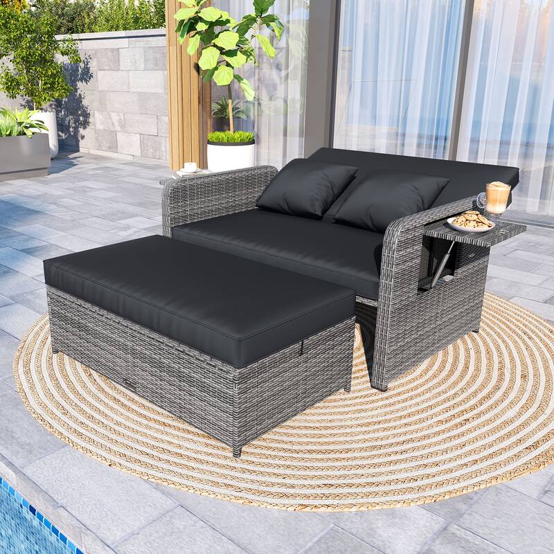 Gymax Rattan Daybed Wicker Loveseat Sofa Set w/ Ottoman & Retractable - Black
