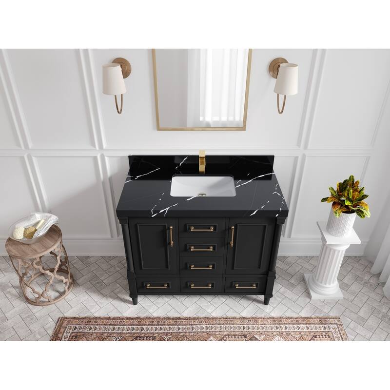 Willow Collections 42 in. W x 22 in. D Aberdeen Single Bowl Sink Bathroom Vanity with Countertop - 2" Calacatta Black - Black