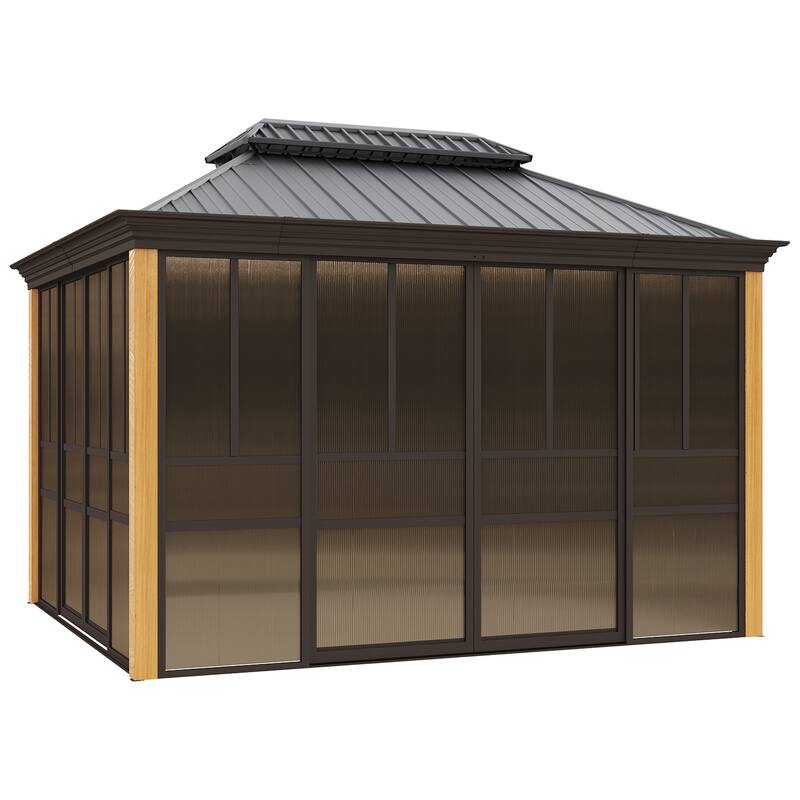 Outdoor Hardtop Sunroom Gazebo with Double Roof & Sliding Doors, All-Season Aluminum Outdoor Pergola, PE Screens&Lockable Design