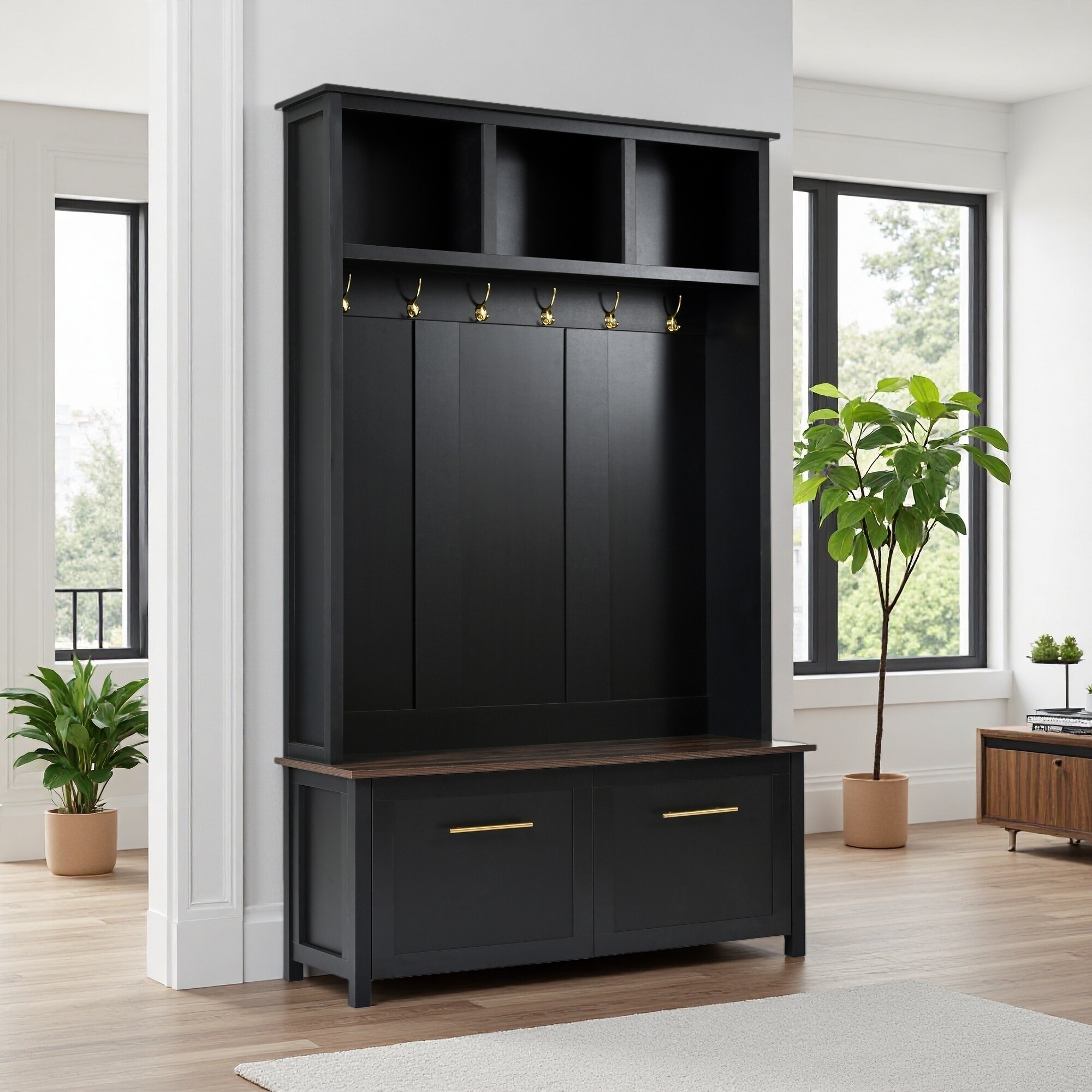 47.2"L Particle Board Hall Tree with Brown Wood Grain Bench, 6 Golden Hooks, and 2 Drawers for Living Room and Hallway