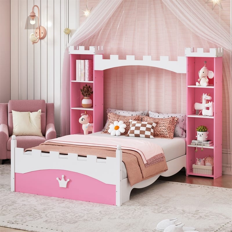 Castle-Shaped Princess Bed with Bedside Storage Shelves, Twin Size Wooden Platform Bed with Crown Footboard for Kids